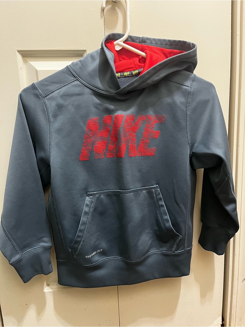 Nike Kids Blue-Grey Hoodie with Red Logo